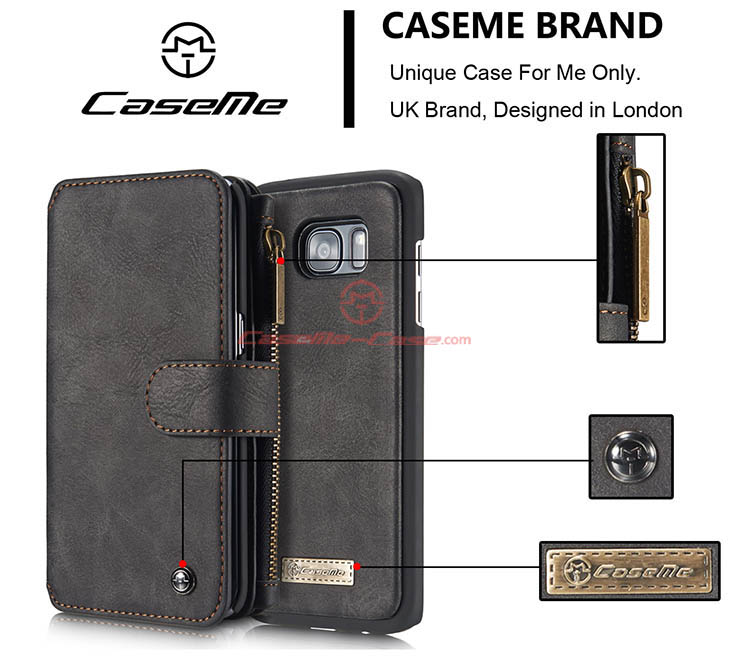 CaseMe 007 Samsung Galaxy S7 Edge Zipper Wallet Detachable 2 in 1 Flip Case Black