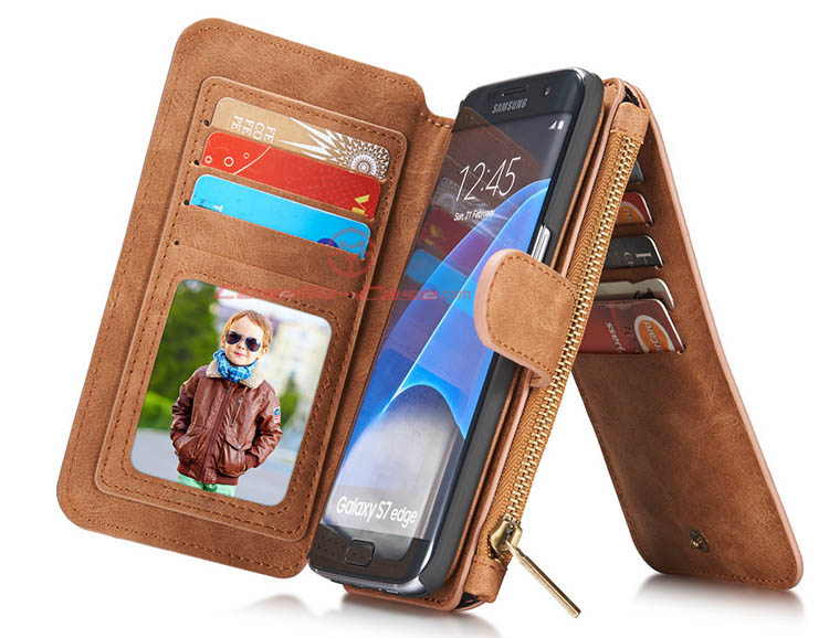 CaseMe 007 Samsung Galaxy S7 Edge Zipper Wallet Detachable 2 in 1 Flip Case Brown