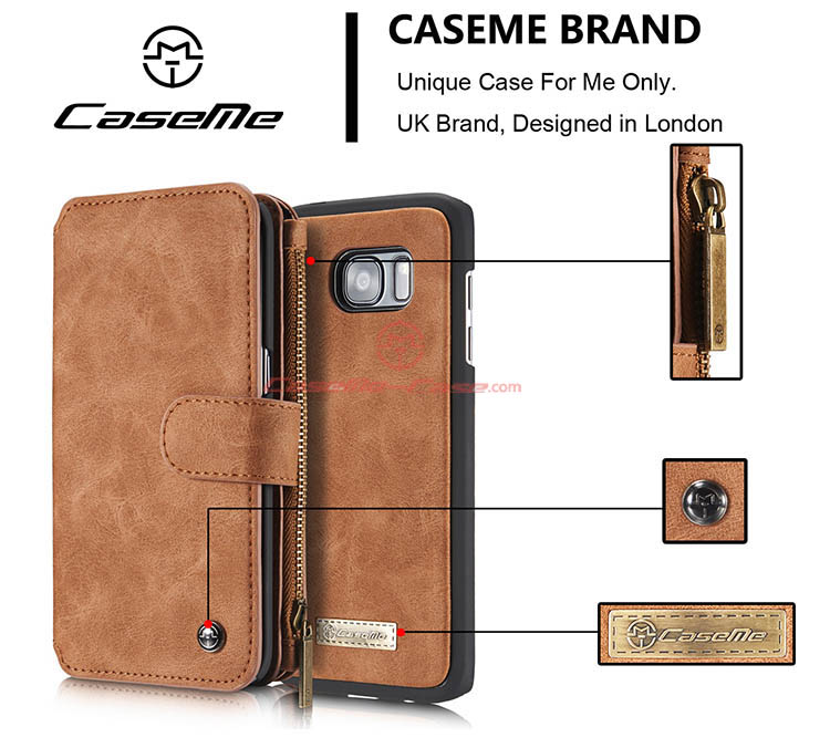 CaseMe 007 Samsung Galaxy S7 Edge Zipper Wallet Detachable 2 in 1 Flip Case Brown