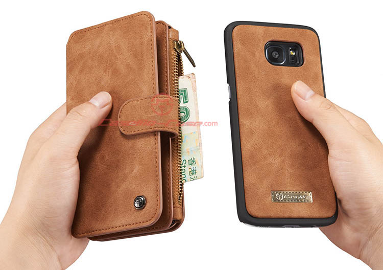 CaseMe 007 Samsung Galaxy S7 Edge Zipper Wallet Detachable 2 in 1 Flip Case Brown