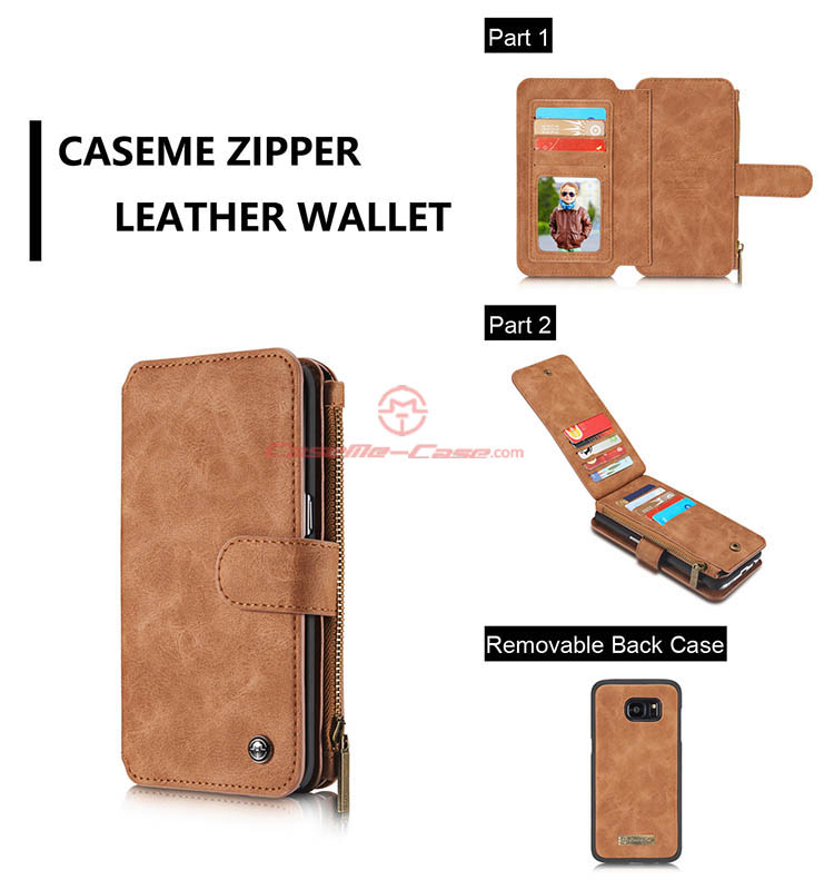 CaseMe 007 Samsung Galaxy S7 Edge Zipper Wallet Detachable 2 in 1 Flip Case Brown