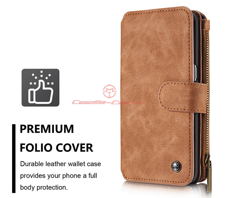 CaseMe 007 Samsung Galaxy S7 Edge Zipper Wallet Detachable 2 in 1 Flip Case Brown