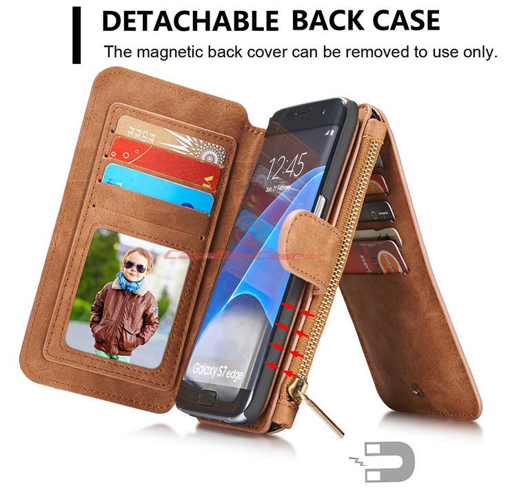 CaseMe 007 Samsung Galaxy S7 Edge Zipper Wallet Detachable 2 in 1 Flip Case Brown