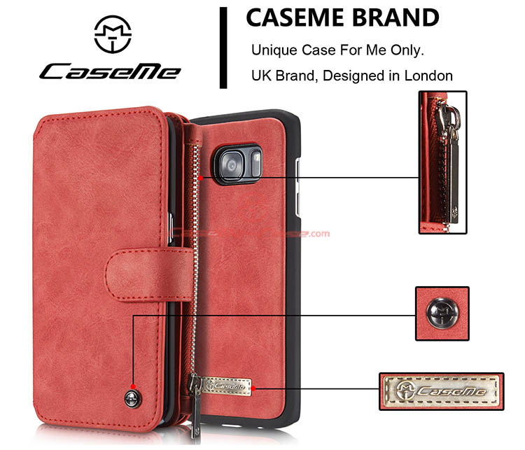 CaseMe 007 Samsung Galaxy S7 Edge Zipper Wallet Detachable 2 in 1 Flip Case Red