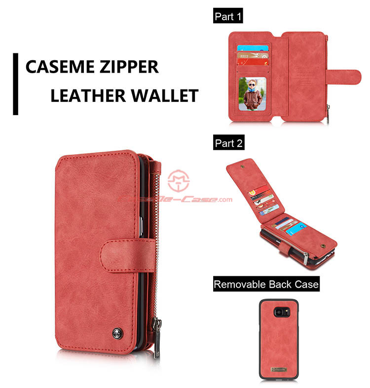 CaseMe 007 Samsung Galaxy S7 Edge Zipper Wallet Detachable 2 in 1 Flip Case Red