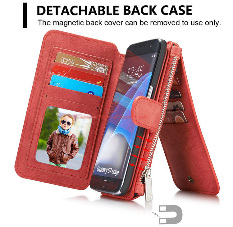 CaseMe 007 Samsung Galaxy S7 Edge Zipper Wallet Detachable 2 in 1 Flip Case Red