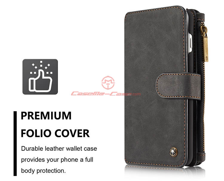 CaseMe iPhone 7 Plus Zipper Wallet Detachable 2 in 1 Flip Case Black