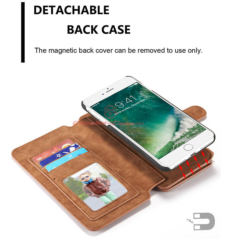 CaseMe iPhone 7 Plus Zipper Wallet Detachable 2 in 1 Flip Case Brown