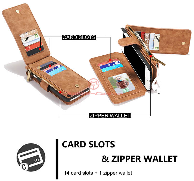 CaseMe iPhone 7 Plus Zipper Wallet Detachable 2 in 1 Flip Case Brown