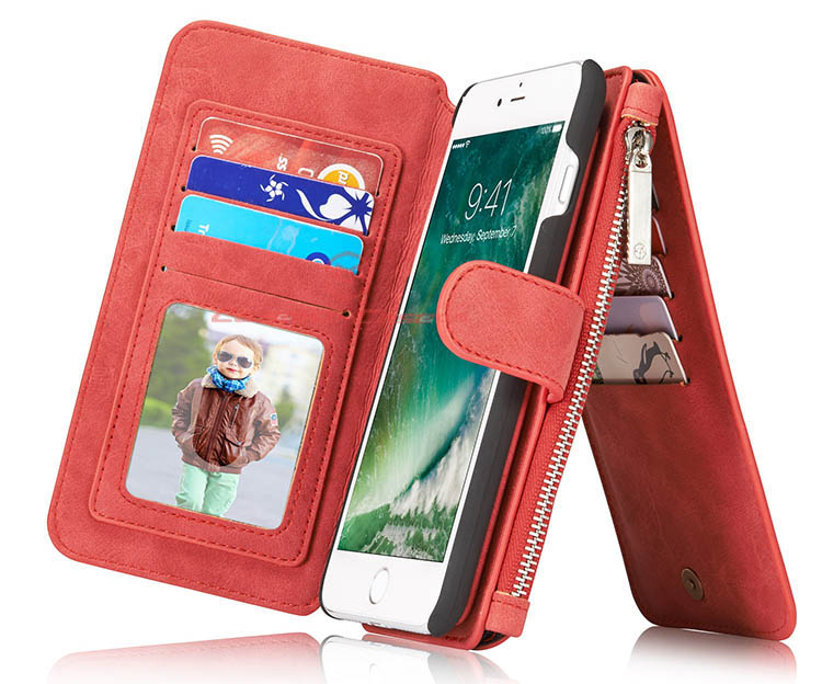 CaseMe 007 iPhone 7 Plus Zipper Wallet Detachable 2 in 1 Flip Case Red