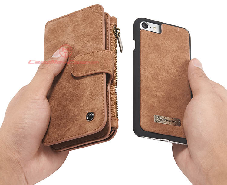 CaseMe 007 iPhone 7 Zipper Wallet Detachable 2 in 1 Flip Case Brown