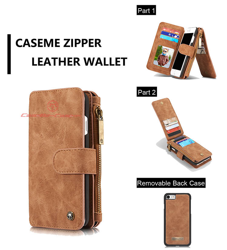 CaseMe iPhone 7 Zipper Wallet Detachable 2 in 1 Flip Case Brown