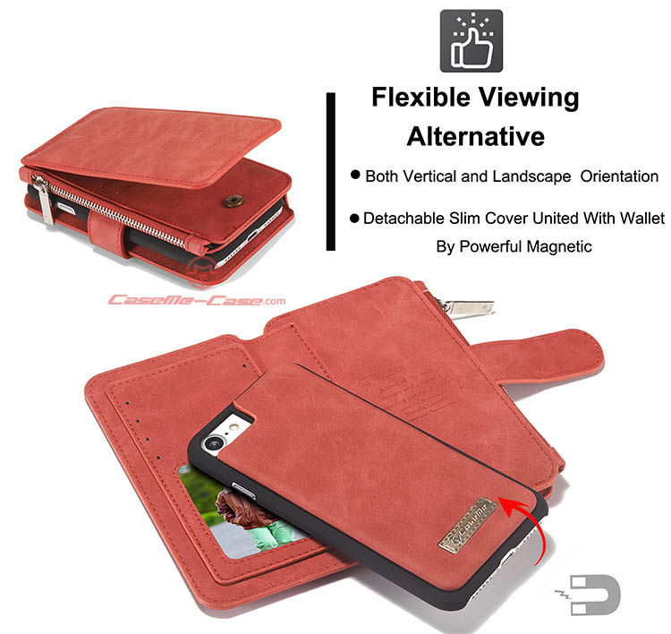 CaseMe iPhone 7 Zipper Wallet Detachable 2 in 1 Flip Case Red