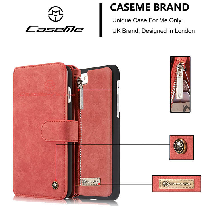 CaseMe iPhone 7 Zipper Wallet Detachable 2 in 1 Flip Case Red