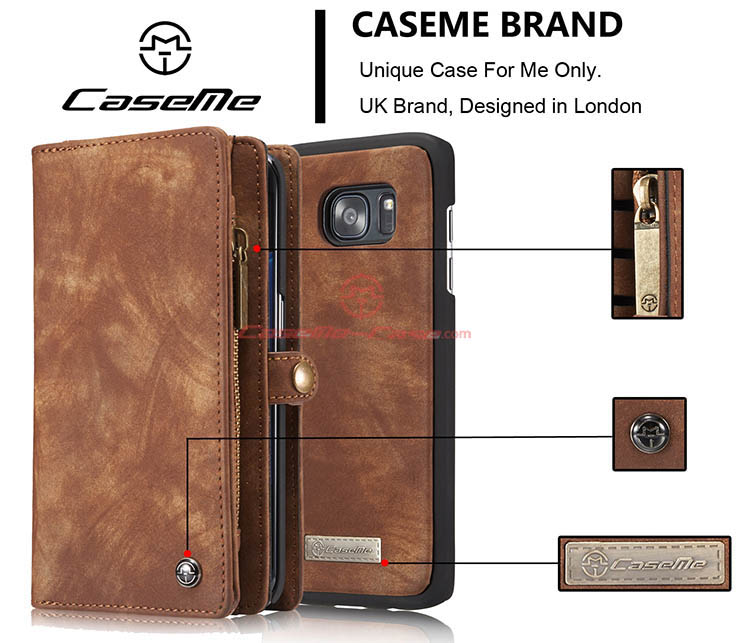 CaseMe 008 Samsung Galaxy S7 Edge Detachable 2 in 1 Zipper Wallet Folio Case Brown