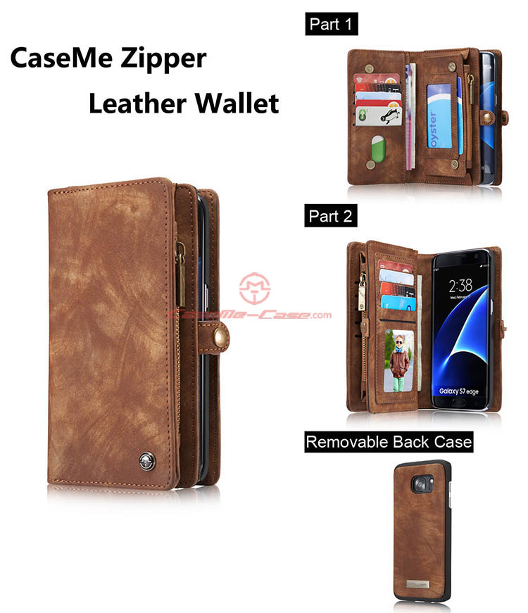 CaseMe 008 Samsung Galaxy S7 Edge Detachable 2 in 1 Zipper Wallet Folio Case Brown