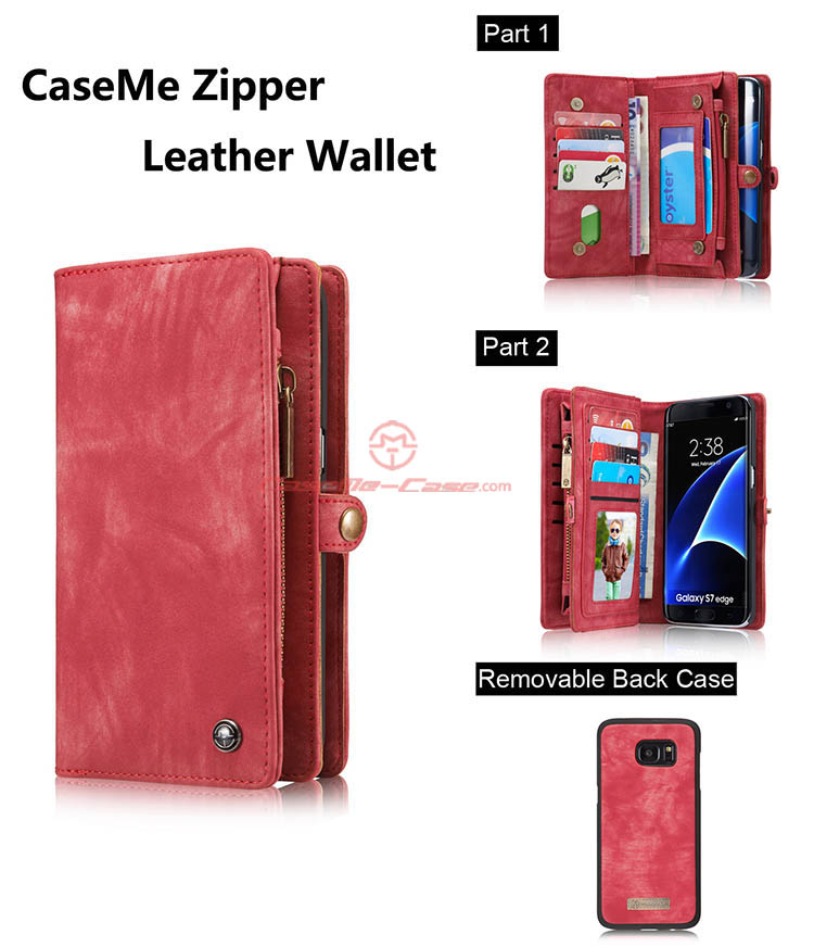 CaseMe 008 Samsung Galaxy S7 Edge Detachable 2 in 1 Zipper Wallet Folio Case Red