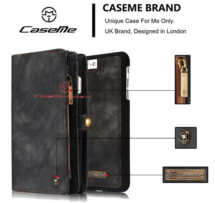CaseMe iPhone 7 Plus Detachable 2 in 1 Zipper Wallet Folio Case Black