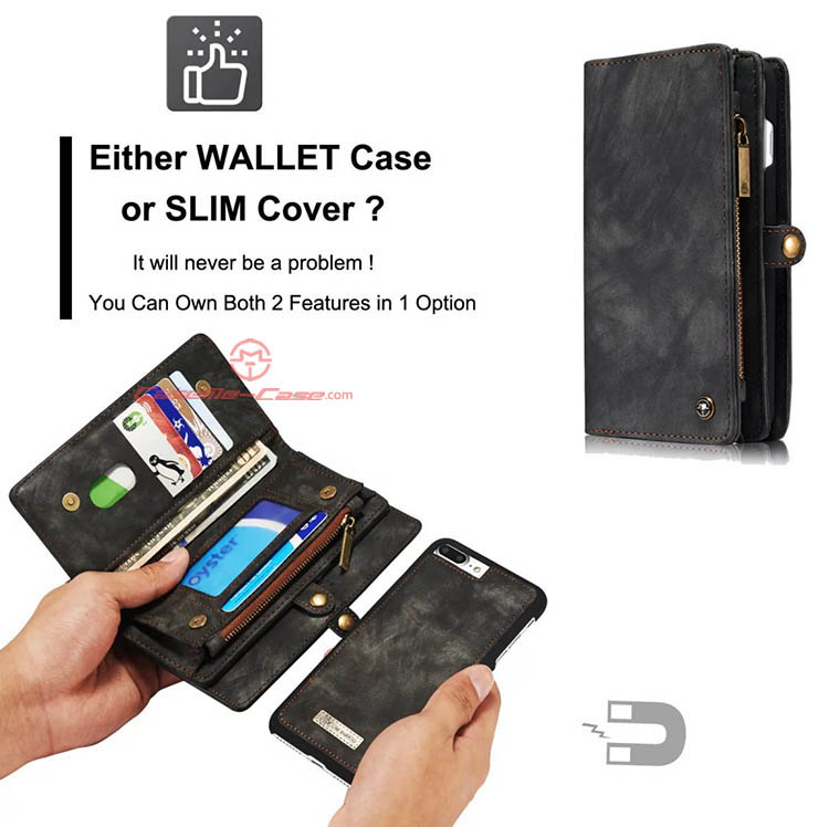 CaseMe iPhone 7 Plus Detachable 2 in 1 Zipper Wallet Folio Case Black