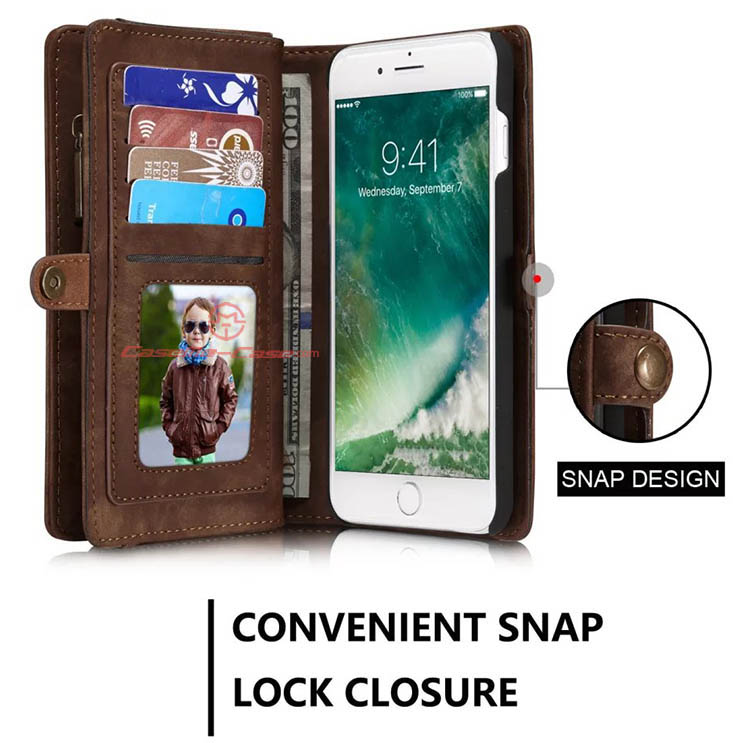 CaseMe iPhone 7 Plus Detachable 2 in 1 Zipper Wallet Folio Case Brown