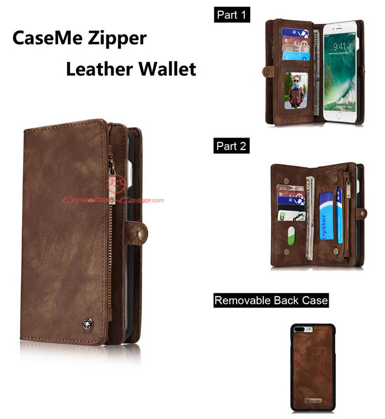 CaseMe iPhone 7 Plus Detachable 2 in 1 Zipper Wallet Folio Case Brown