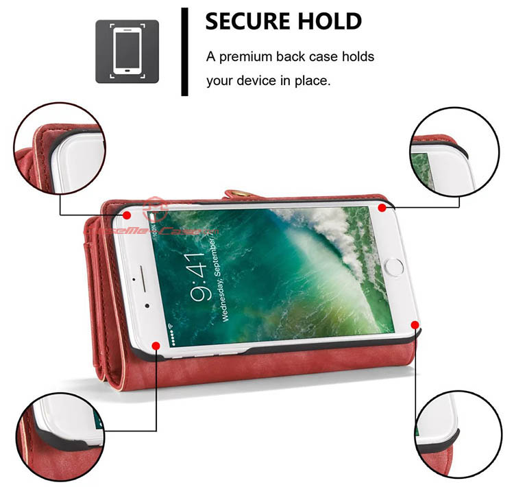 CaseMe iPhone 7 Plus Detachable 2 in 1 Zipper Wallet Folio Case Red