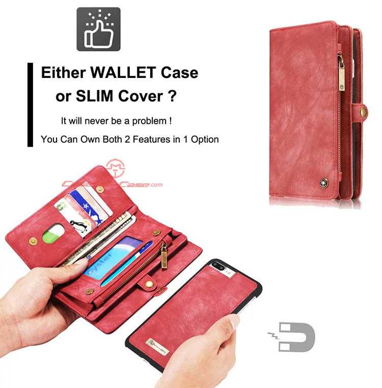 CaseMe iPhone 7 Plus Detachable 2 in 1 Zipper Wallet Folio Case Red