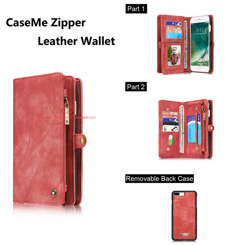 CaseMe iPhone 7 Plus Detachable 2 in 1 Zipper Wallet Folio Case Red