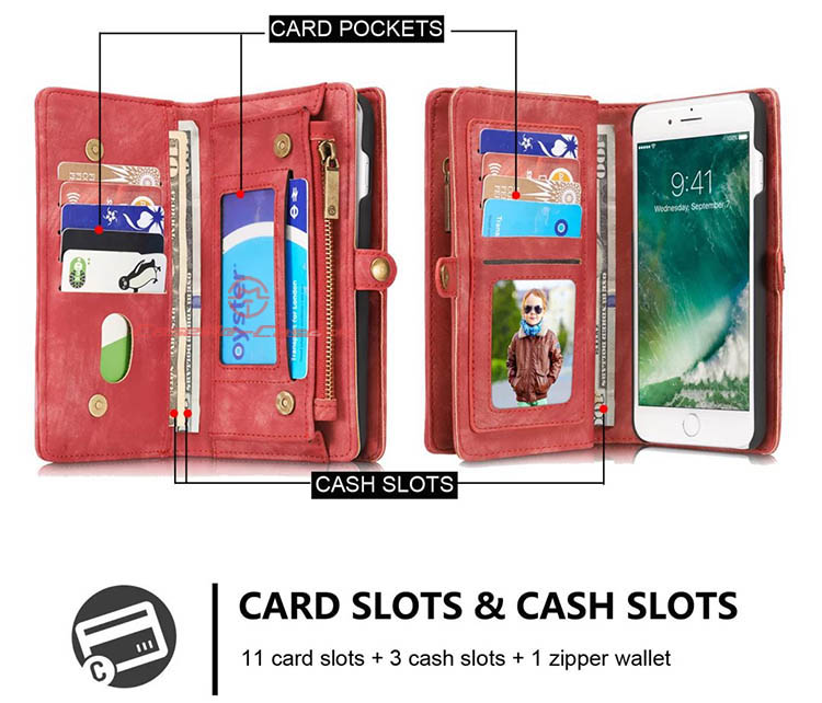 CaseMe iPhone 7 Plus Detachable 2 in 1 Zipper Wallet Folio Case Red