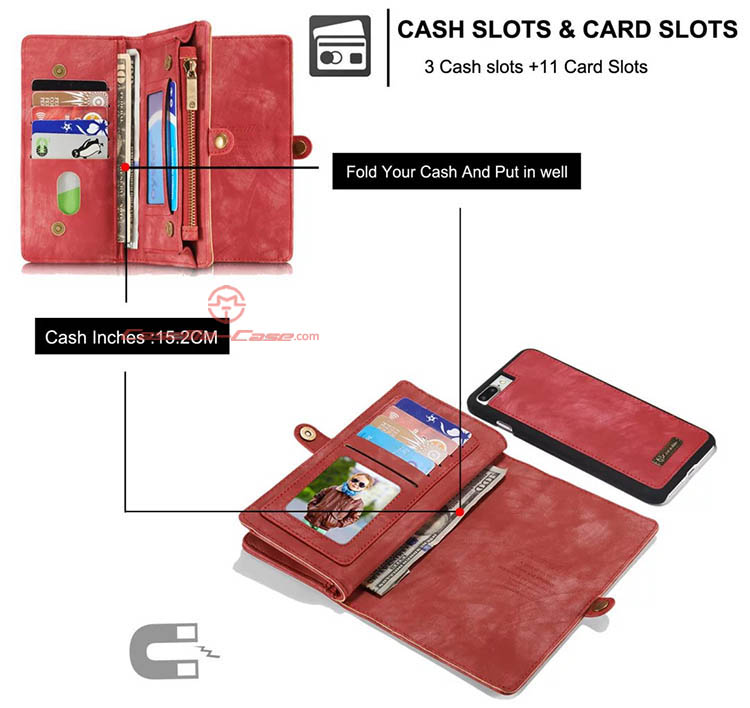 CaseMe iPhone 7 Plus Detachable 2 in 1 Zipper Wallet Folio Case Red