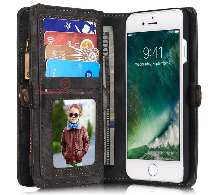 CaseMe 008 iPhone 7 Detachable 2 in 1 Zipper Wallet Folio Case Black