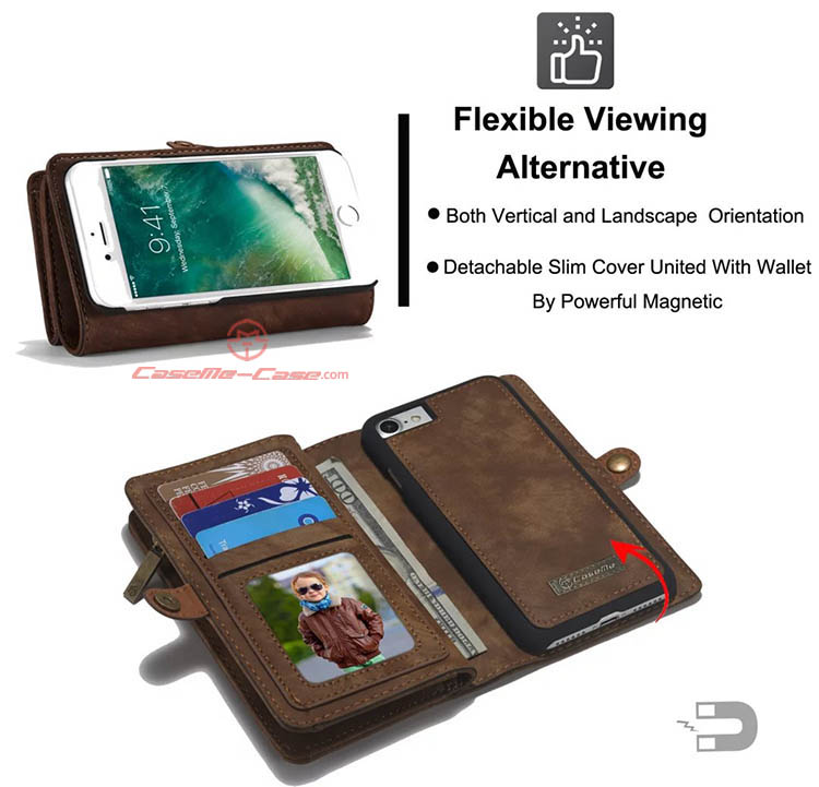 CaseMe iPhone 7 Detachable 2 in 1 Zipper Wallet Folio Case Brown