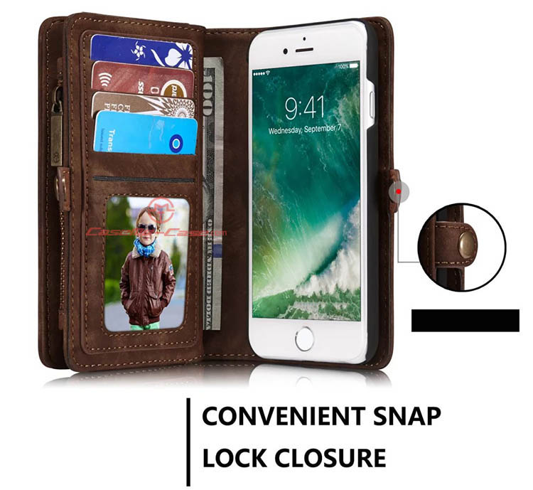 CaseMe iPhone 7 Detachable 2 in 1 Zipper Wallet Folio Case Brown