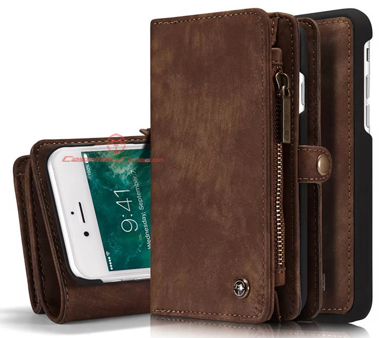 CaseMe 008 iPhone 7 Detachable 2 in 1 Zipper Wallet Folio Case Brown