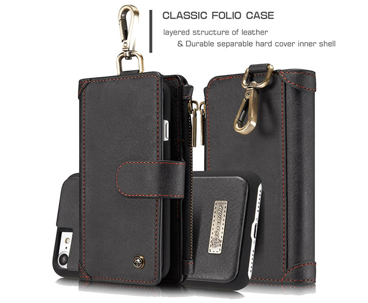 CaseMe 009 iPhone 7 Metal Buckle Zipper Wallet Detachable Folio Case Black