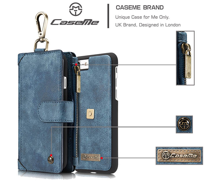 CaseMe 009 iPhone 7 Metal Buckle Zipper Wallet Detachable Folio Case Blue