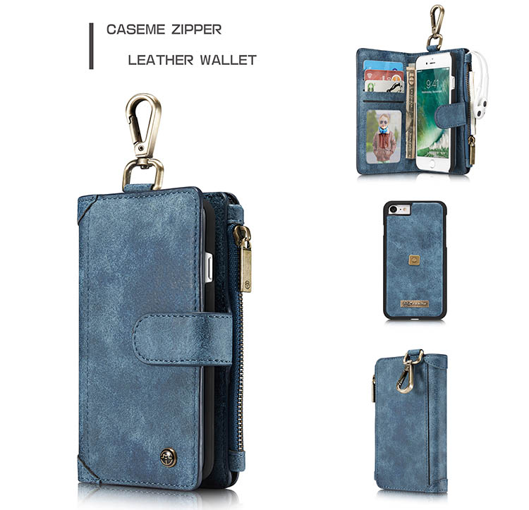 CaseMe 009 iPhone 7 Metal Buckle Zipper Wallet Detachable Folio Case Blue