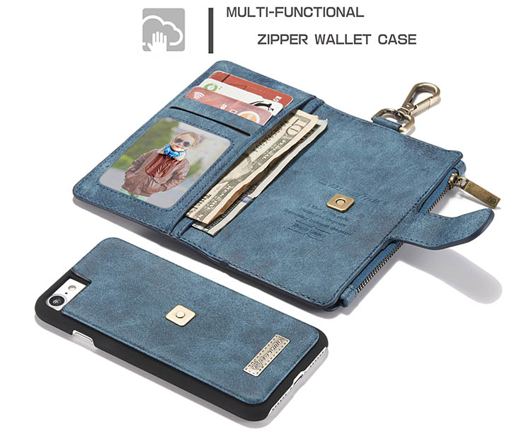 CaseMe 009 iPhone 7 Metal Buckle Zipper Wallet Detachable Folio Case Blue