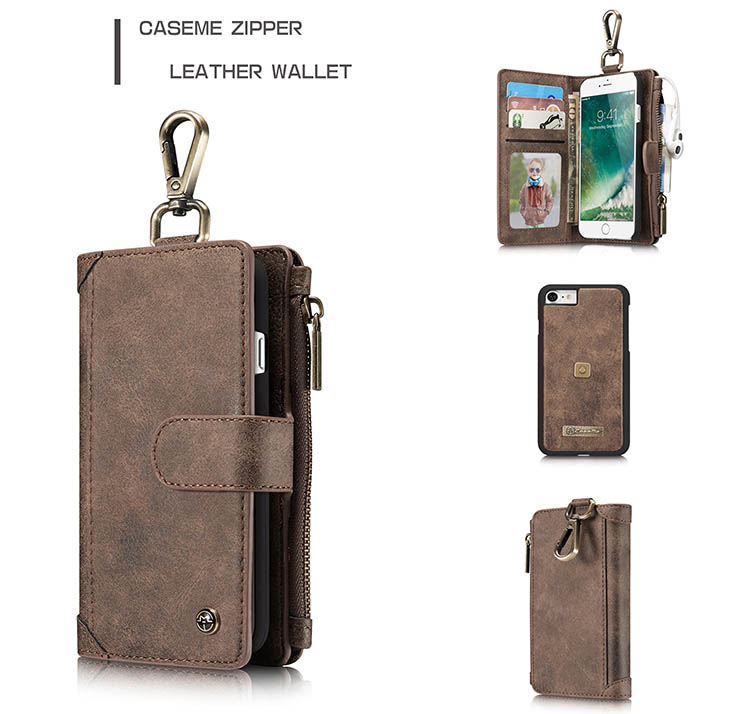 CaseMe 009 iPhone 7 Metal Buckle Zipper Wallet Detachable Folio Case Coffee