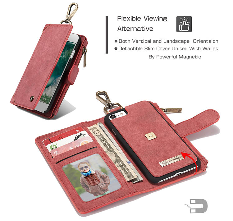 CaseMe 009 iPhone 7 Metal Buckle Zipper Wallet Detachable Folio Case Red