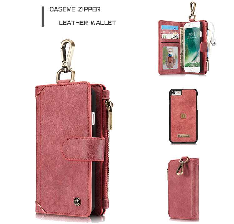 CaseMe 009 iPhone 7 Metal Buckle Zipper Wallet Detachable Folio Case Red