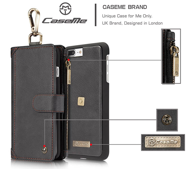 CaseMe 009 iPhone 7 Plus Metal Buckle Zipper Wallet Detachable Folio Case Black