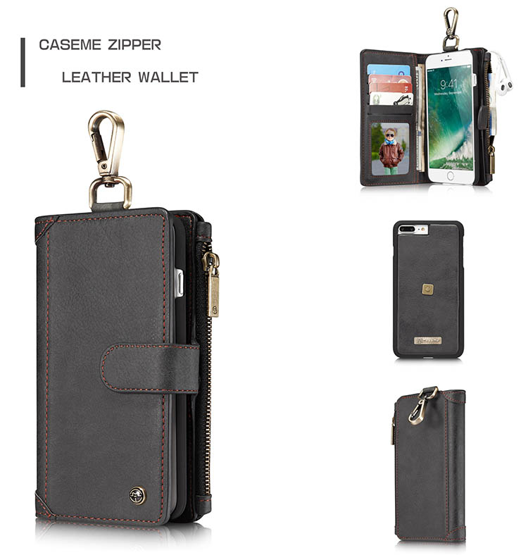 CaseMe 009 iPhone 7 Plus Metal Buckle Zipper Wallet Detachable Folio Case Black