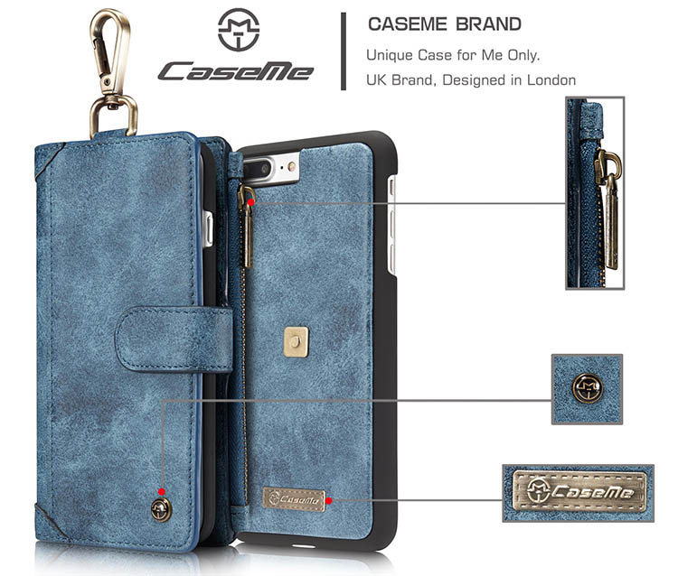 CaseMe 009 iPhone 7 Plus Metal Buckle Zipper Wallet Detachable Folio Case Blue