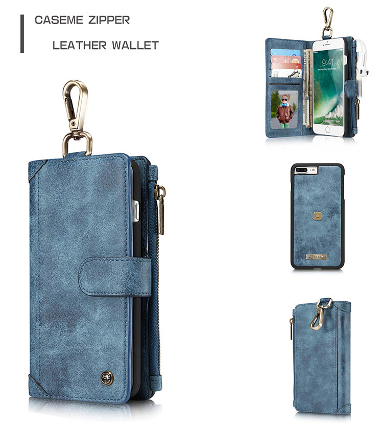 CaseMe 009 iPhone 7 Plus Metal Buckle Zipper Wallet Detachable Folio Case Blue