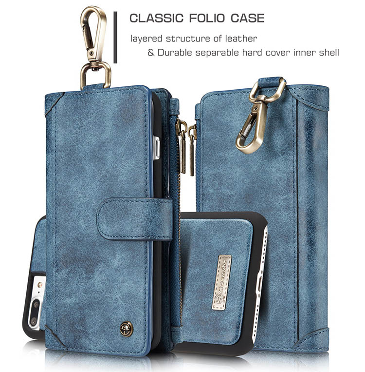 CaseMe 009 iPhone 7 Plus Metal Buckle Zipper Wallet Detachable Folio Case Blue