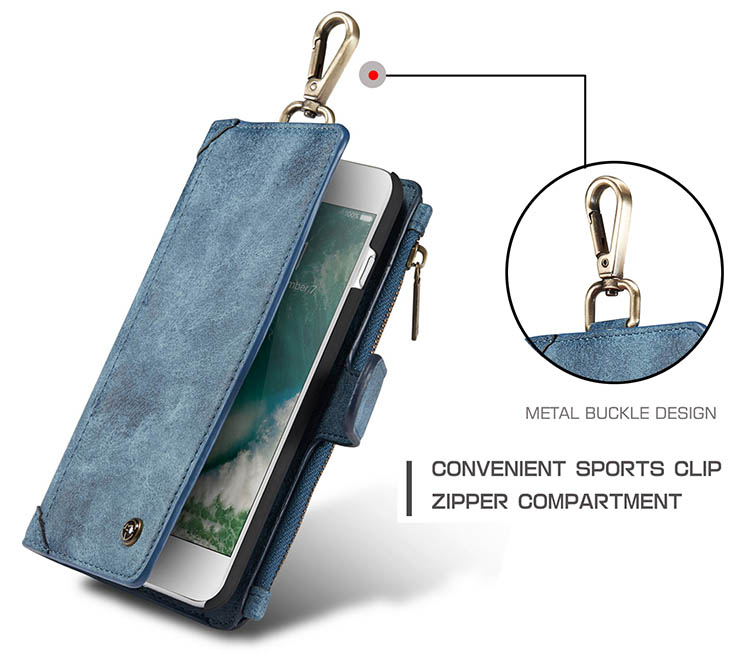 CaseMe 009 iPhone 7 Plus Metal Buckle Zipper Wallet Detachable Folio Case Blue