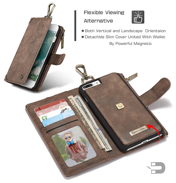 CaseMe 009 iPhone 7 Plus Metal Buckle Zipper Wallet Detachable Folio Case Coffee