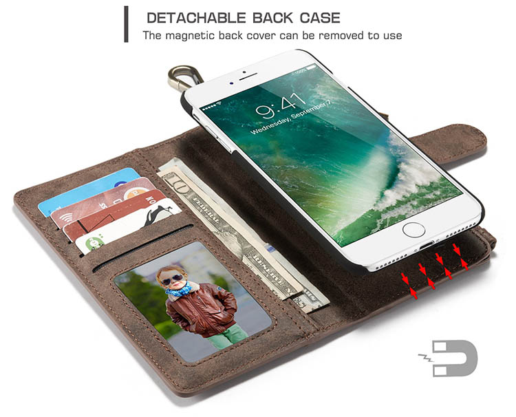 CaseMe 009 iPhone 7 Plus Metal Buckle Zipper Wallet Detachable Folio Case Coffee