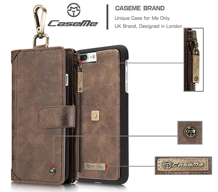 CaseMe 009 iPhone 7 Plus Metal Buckle Zipper Wallet Detachable Folio Case Coffee